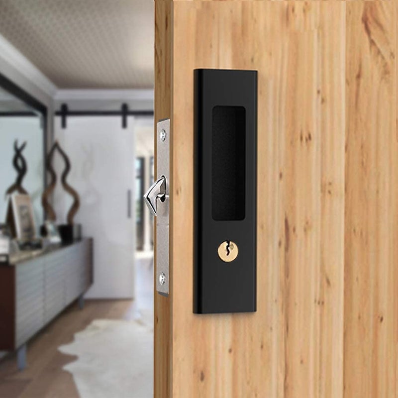 CCJH Privacy Pocket Door Lock Hardware with Key, Pocket Door Lock Handle Invisible Wooden Barn Door Latch, Interior Privacy Furniture Hardware Matte Black 1 Pack - Image 1